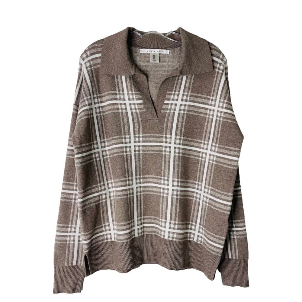 Max Studio tan white plaid collar pullover stretchy knit preppy sweater large
